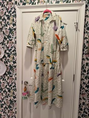 Celandine for anthro White Textured Maxi Dress with Multicolor Abstract Print
